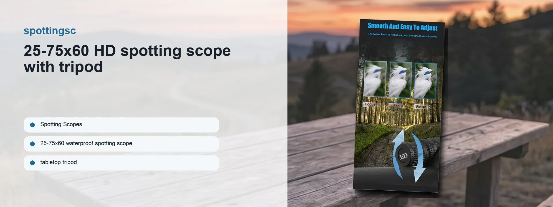 Promotional product image for a 25-75x60 HD spotting scope with tripod, shown with feature graphics and an outdoor sunset background.